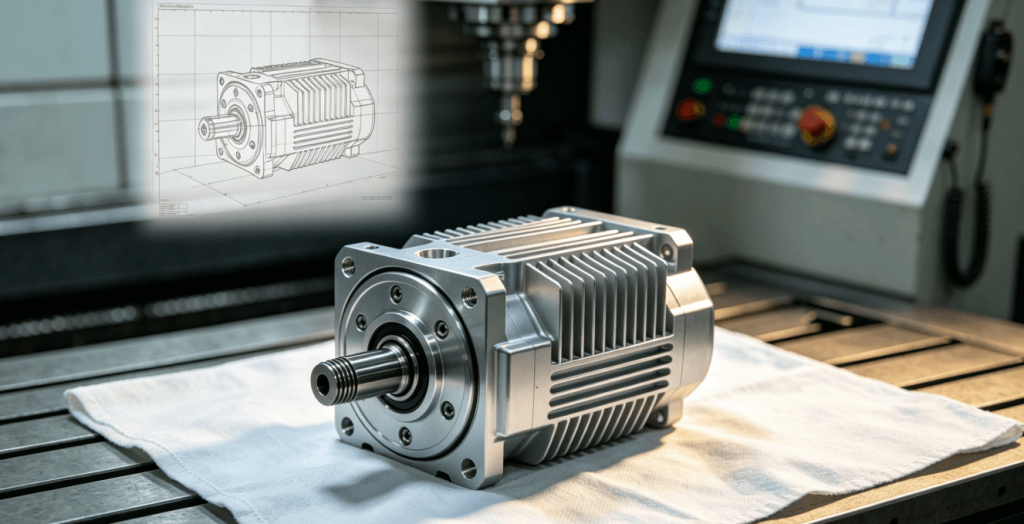 A close-up, detailed photo of a precision CNC machined aluminum automotive part (EV motor housing) on a workshop bench. 