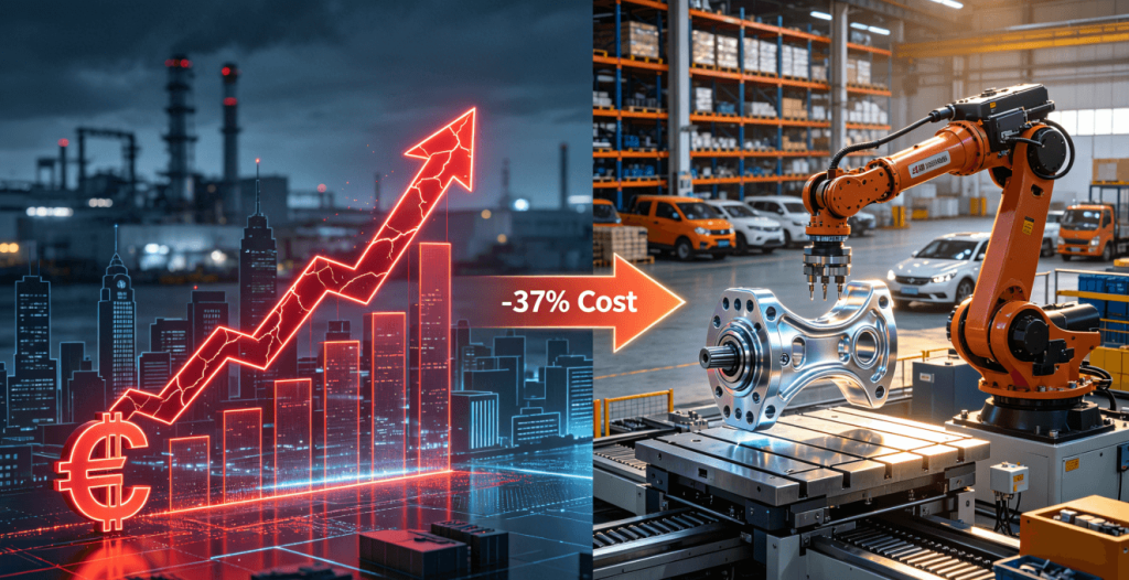 Infographic comparing high-cost traditional supply chain vs. efficient China-based automotive CNC machining, showing 37% cost reduction.