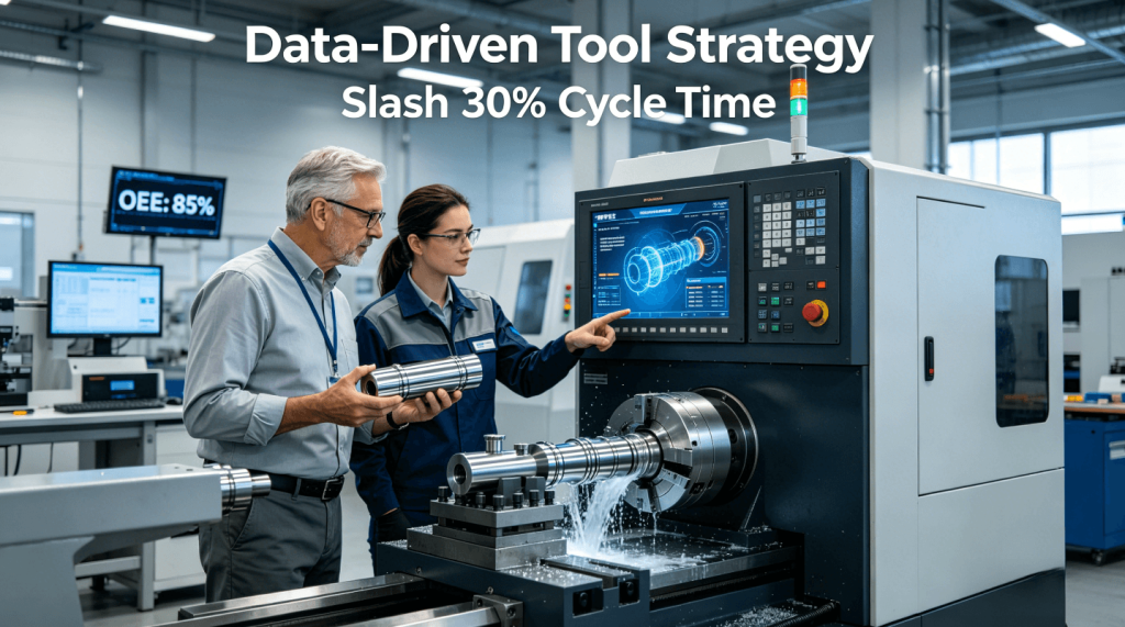 A manufacturing engineer and operator collaborate in front of a high-precision CNC lathe, comparing a flawless finished shaft with real-time digital twin simulation data predicting cutting forces and vibrations on the control screen.